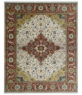 Premium Look Ivory, Rust and Gold 8x10 Hand knotted Traditional Wool Area Rug