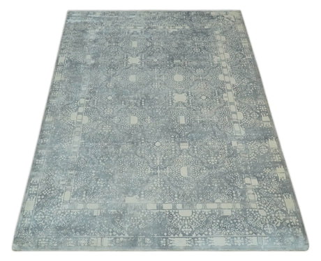 Premium Style Gray and Ivory Traditional Ikat Large design 5.6x8 Hand loom Wool and Viscose Area Rug