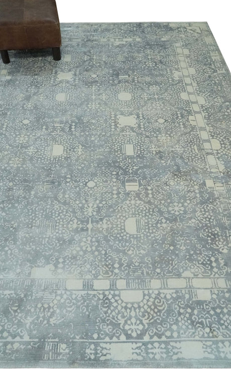 Premium Style Gray and Ivory Traditional Ikat Large design 5.6x8 Hand loom Wool and Viscose Area Rug