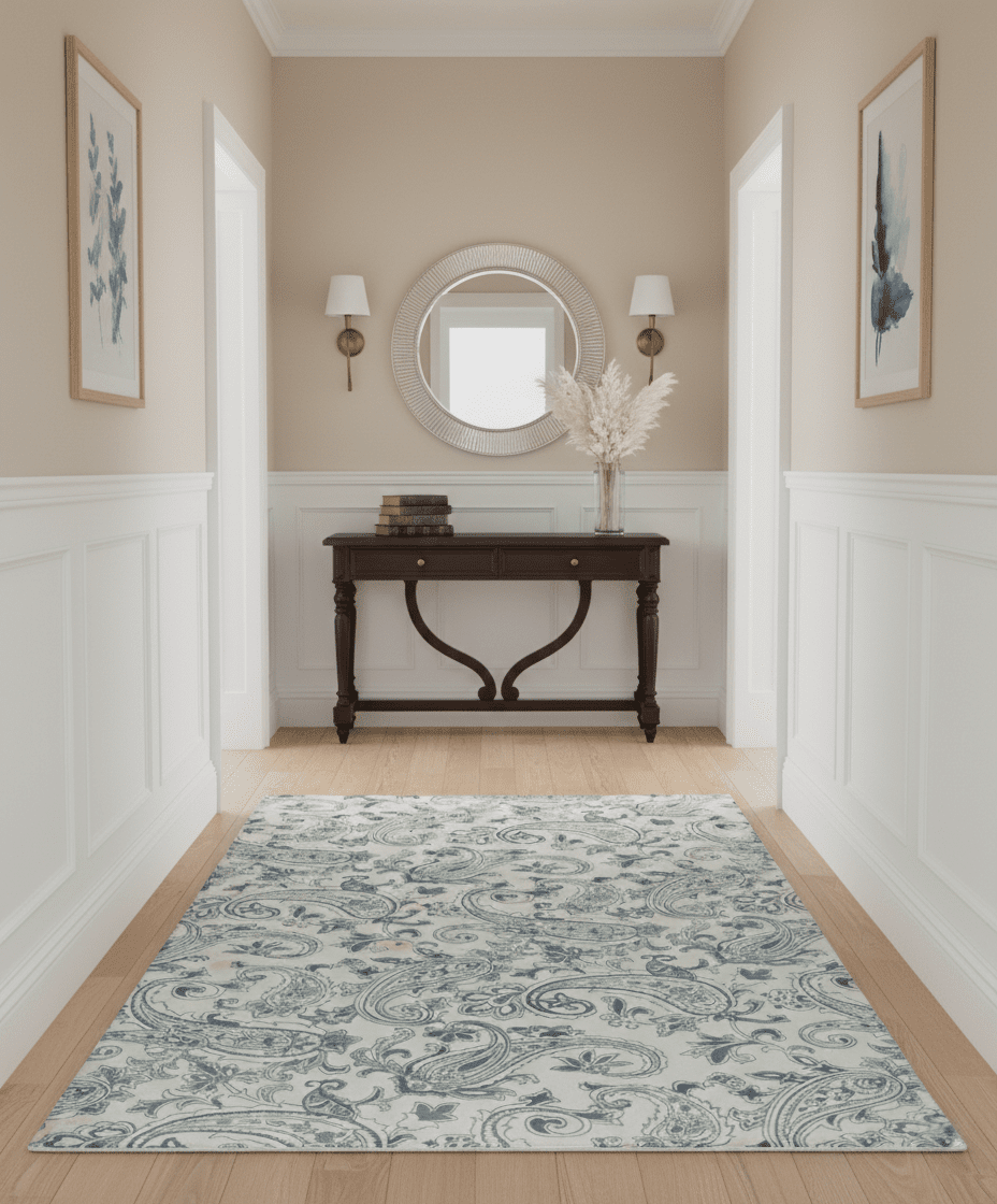 Premium Style Ivory and Charcoal Hand loom 5.6x8 Boteh Design Viscose Area Rug