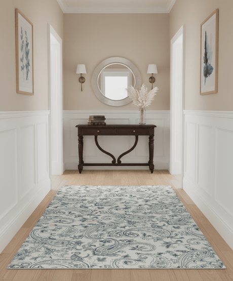 Premium Style Ivory and Charcoal Hand loom 5.6x8 Boteh Design Viscose Area Rug