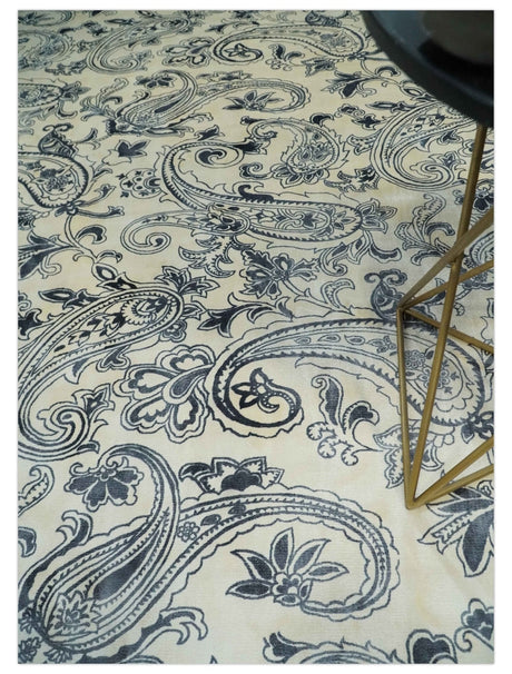 Premium Style Ivory and Charcoal Hand loom 5.6x8 Boteh Design Viscose Area Rug