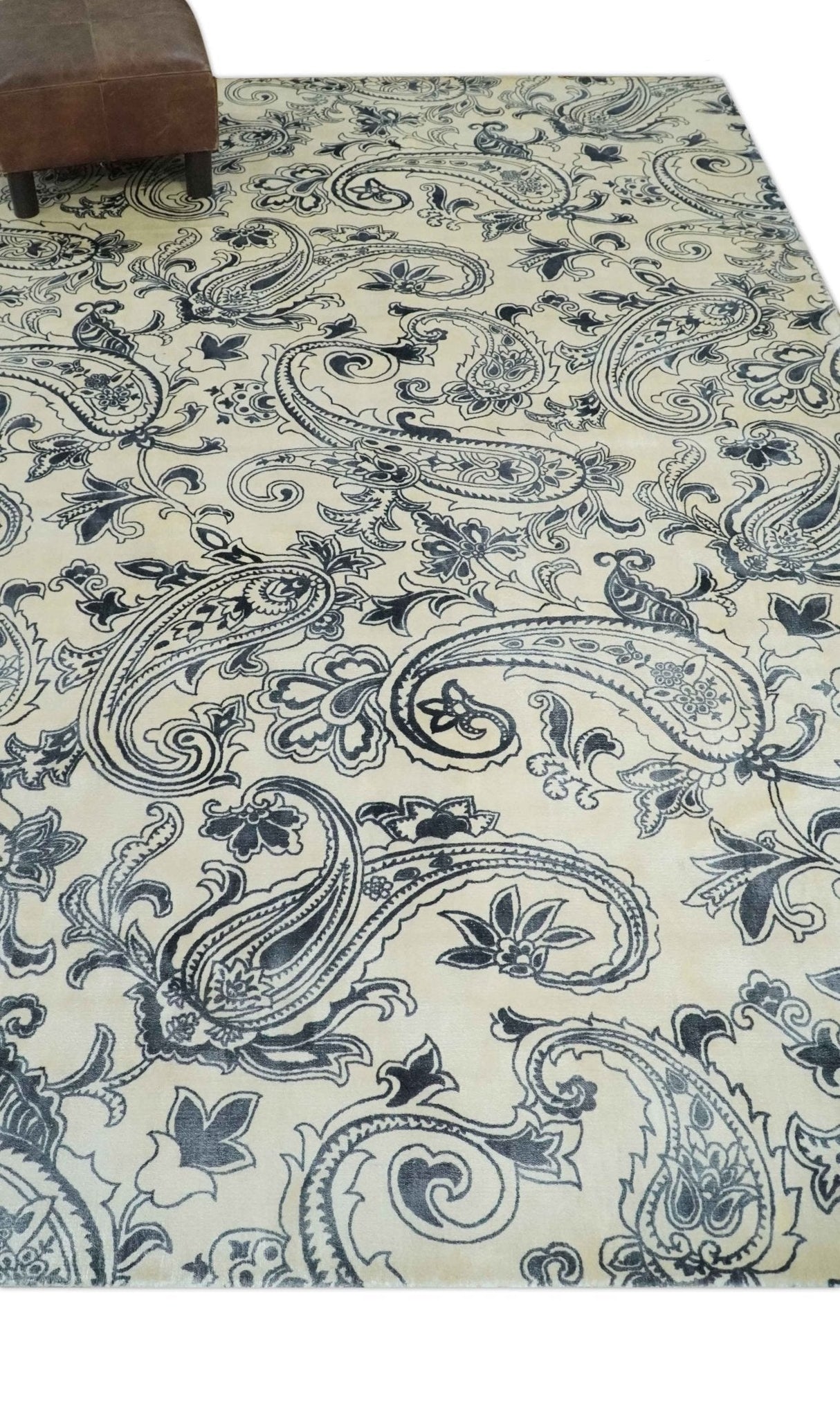 Premium Style Ivory and Charcoal Hand loom 5.6x8 Boteh Design Viscose Area Rug