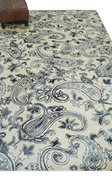 Premium Style Ivory and Charcoal Hand loom 5.6x8 Boteh Design Viscose Area Rug