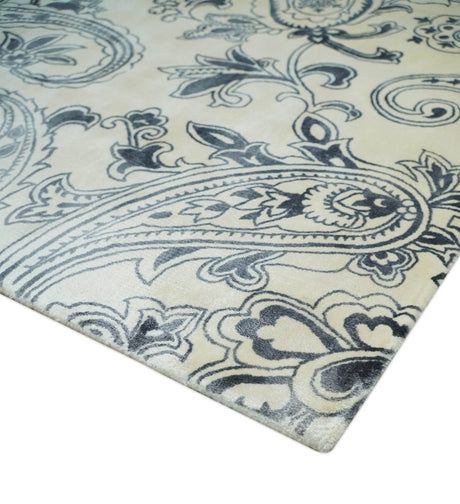 Premium Style Ivory and Charcoal Hand loom 5.6x8 Boteh Design Viscose Area Rug