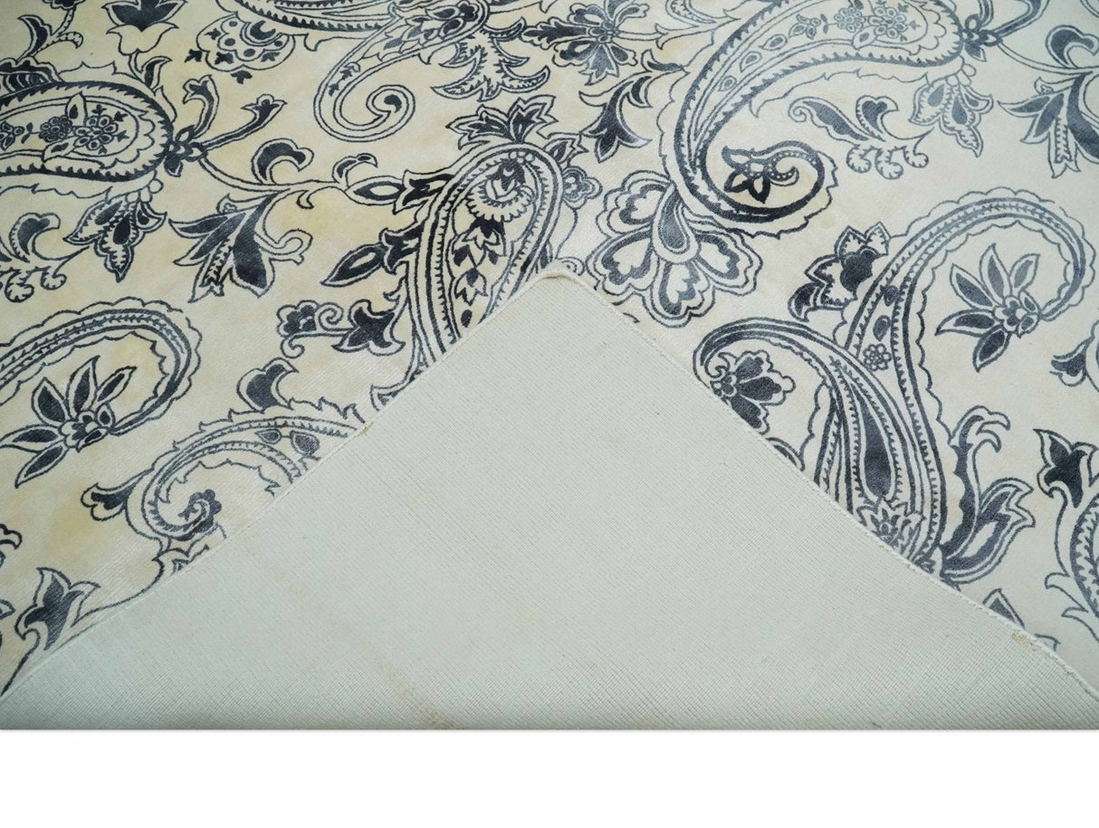 Premium Style Ivory and Charcoal Hand loom 5.6x8 Boteh Design Viscose Area Rug