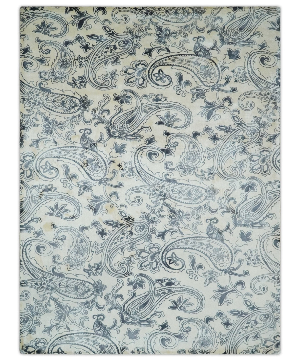 Premium Style Ivory and Charcoal Hand loom 5.6x8 Boteh Design Viscose Area Rug