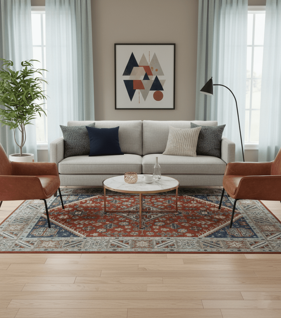 Premium Style Rust, Blue and Beige Hand Knotted Traditional Heriz wool Area Rug