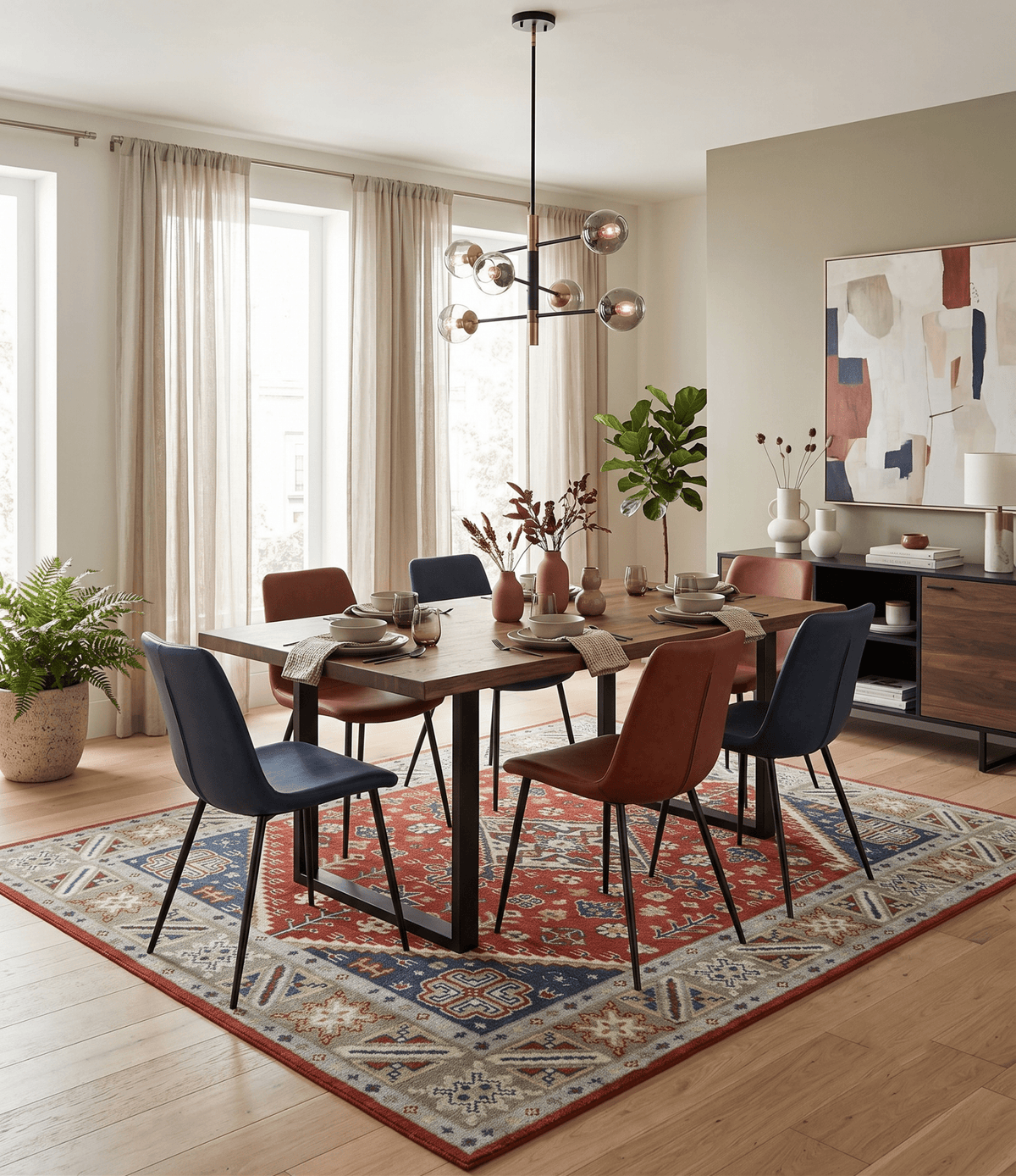 Premium Style Rust, Blue and Beige Hand Knotted Traditional Heriz wool Area Rug