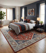 Premium Style Rust, Blue and Beige Hand Knotted Traditional Heriz wool Area Rug