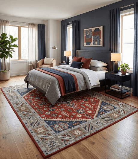 Premium Style Rust, Blue and Beige Hand Knotted Traditional Heriz wool Area Rug
