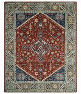 Premium Style Rust, Blue and Beige Hand Knotted Traditional Heriz wool Area Rug