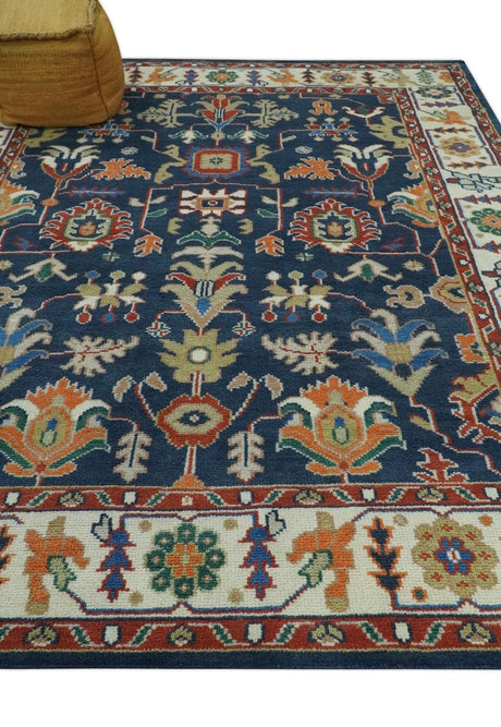 Premium Style Vibrant Colorful Blue, Ivory, Rust and Orange Traditional Hand Knotted Oriental Oushak Multi Size wool Area Rug
