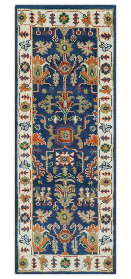 Premium Style Vibrant Colorful Blue, Ivory, Rust and Orange Traditional Hand Knotted Oriental Oushak Multi Size wool Area Rug