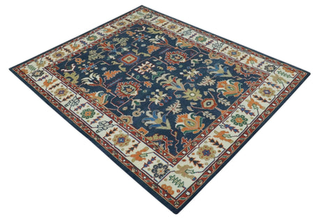 Premium Style Vibrant Colorful Blue, Ivory, Rust and Orange Traditional Hand Knotted Oriental Oushak Multi Size wool Area Rug