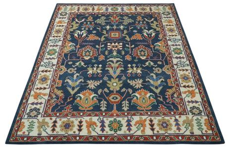 Premium Style Vibrant Colorful Blue, Ivory, Rust and Orange Traditional Hand Knotted Oriental Oushak Multi Size wool Area Rug