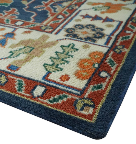Premium Style Vibrant Colorful Blue, Ivory, Rust and Orange Traditional Hand Knotted Oriental Oushak Multi Size wool Area Rug