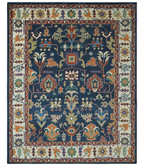 Premium Style Vibrant Colorful Blue, Ivory, Rust and Orange Traditional Hand Knotted Oriental Oushak Multi Size wool Area Rug