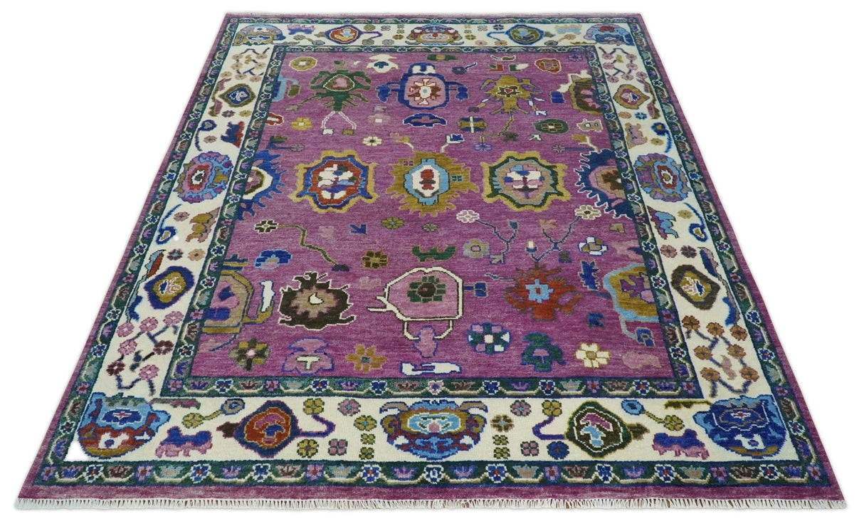 Purple And Ivory Hand knotted Modern Oushak Wool Area Rug