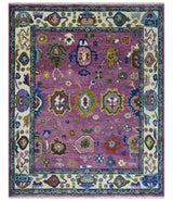 Purple And Ivory Hand knotted Modern Oushak Wool Area Rug