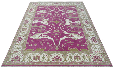 Purple, Ivory and Olive Traditional Hand knotted Oriental Oushak Multi Size wool Area Rug