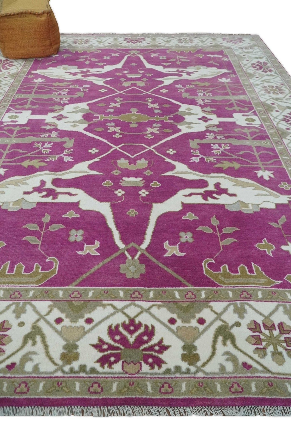 Purple, Ivory and Olive Traditional Hand knotted Oriental Oushak Multi Size wool Area Rug