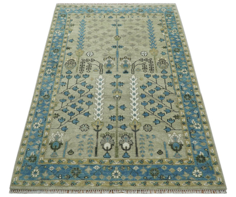 Quick Ship 6x9 Tree of life Beige And Blue Wool Rug