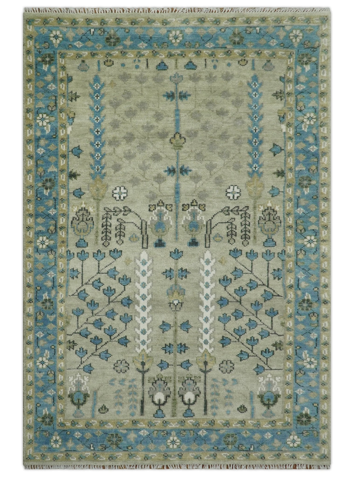 Quick Ship 6x9 Tree of life Beige And Blue Wool Rug
