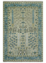 Quick Ship 6x9 Tree of life Beige And Blue Wool Rug