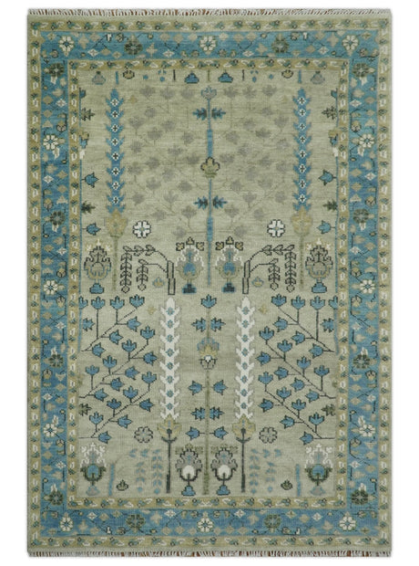 Quick Ship 6x9 Tree of life Beige And Blue Wool Rug