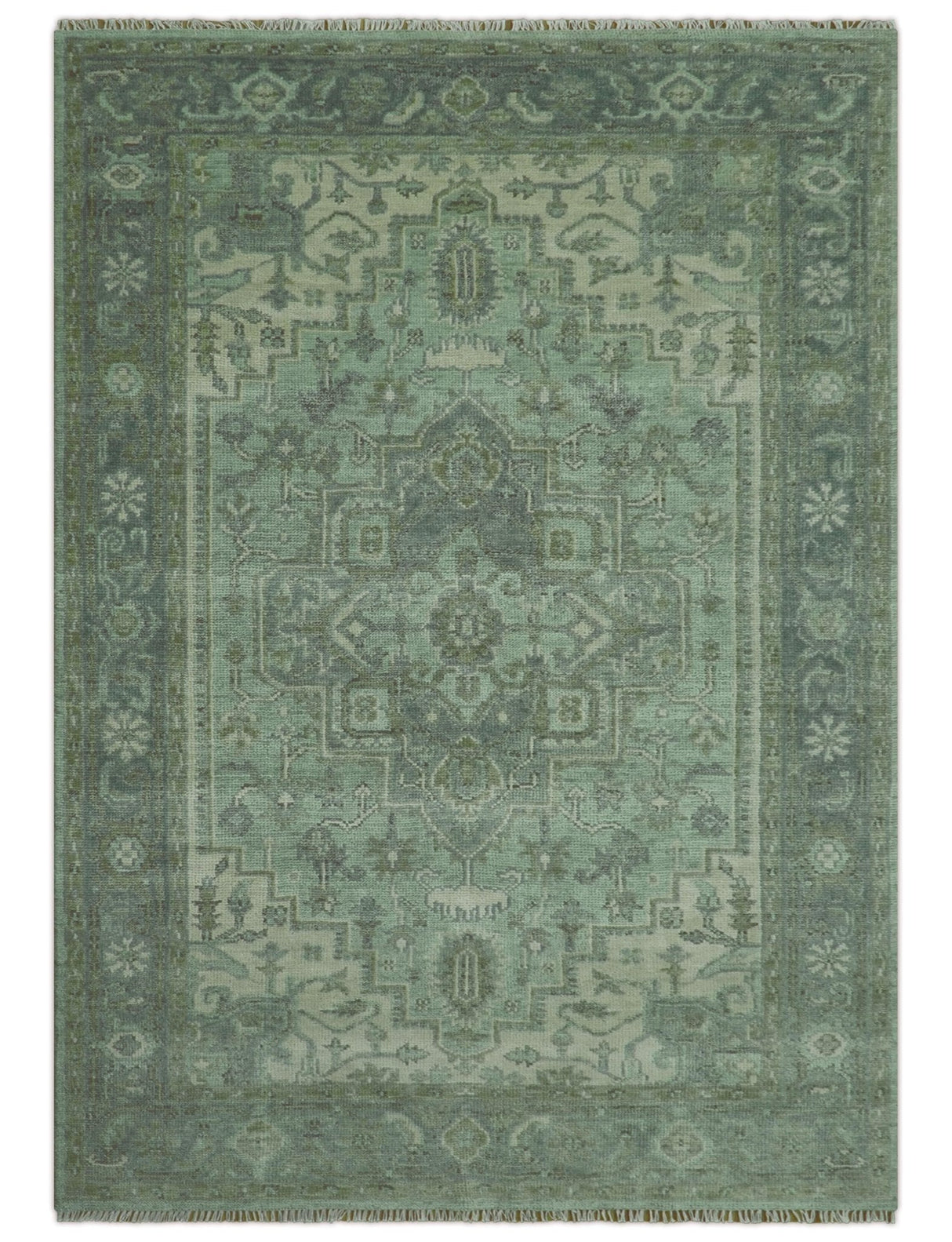 Quick Ship 7x10 Traditional Green And Gray Hand Knotted Wool Rug