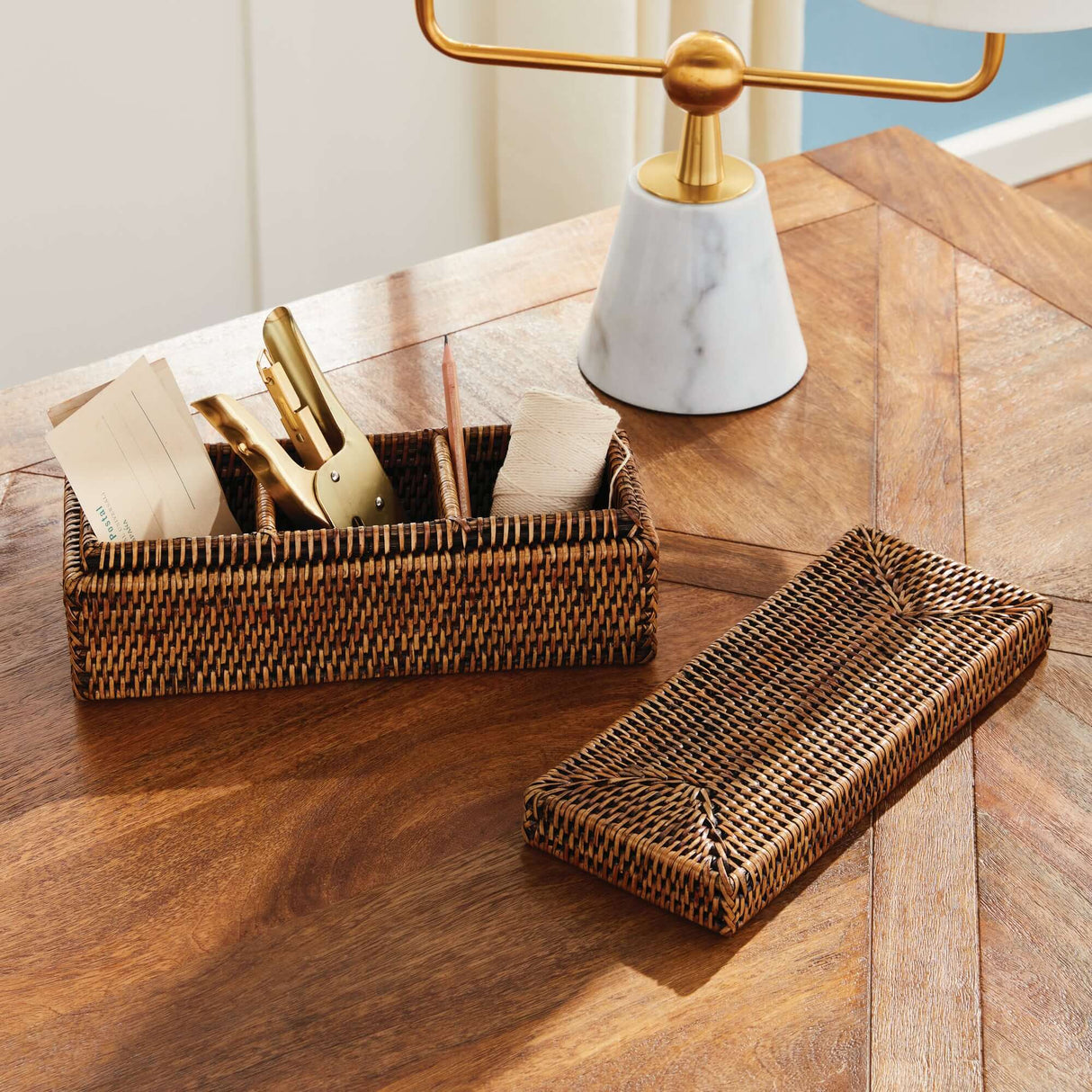 Rattan Desk Organizer with Lid and Compartments-Desk Organizer-Parc Decor