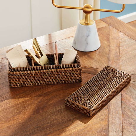 Rattan Desk Organizer with Lid and Compartments-Desk Organizer-Parc Decor