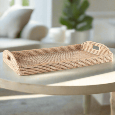 Rattan Serving Tray with Handles in Whitewash or Brown-Serving Tray-Parc Decor