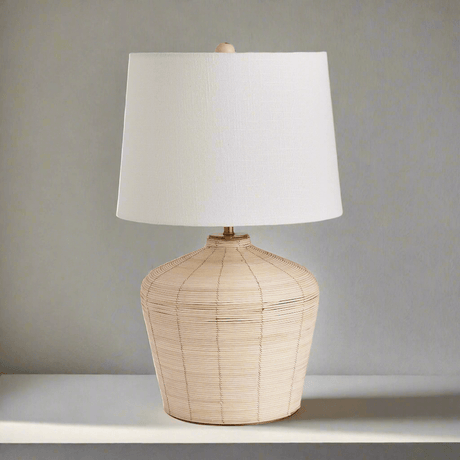 Rattan Table Lamp with Curved Base and White Shade-table lamp-Parc Decor