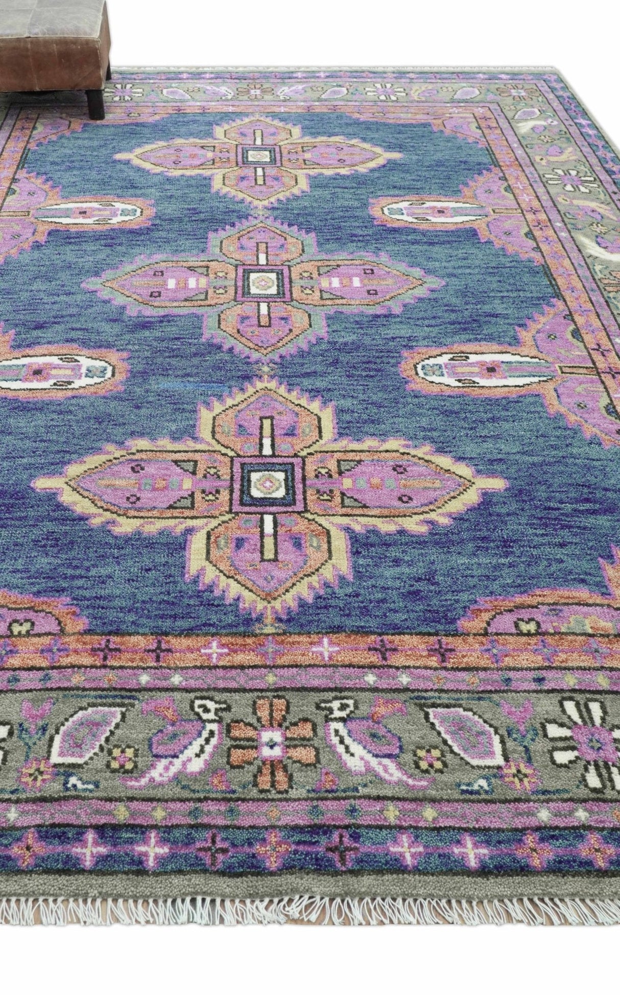 Ready to Ship 7x9 Pink And Blue Hand Knotted Wool Rug