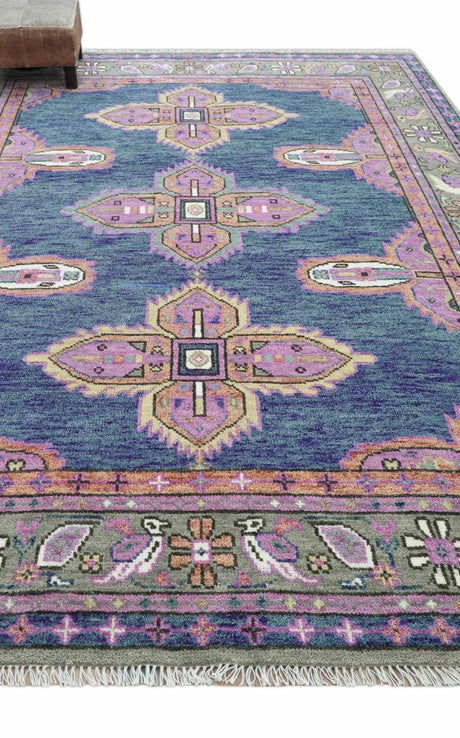 Ready to Ship 7x9 Pink And Blue Hand Knotted Wool Rug