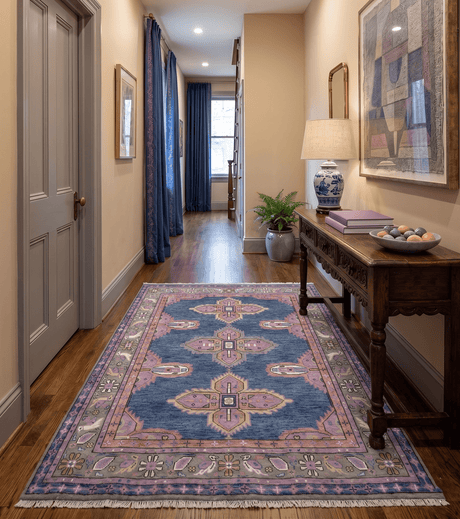 Ready to Ship 7x9 Pink And Blue Hand Knotted Wool Rug