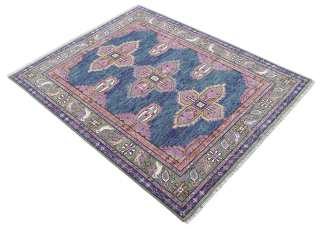 Ready to Ship 7x9 Pink And Blue Hand Knotted Wool Rug