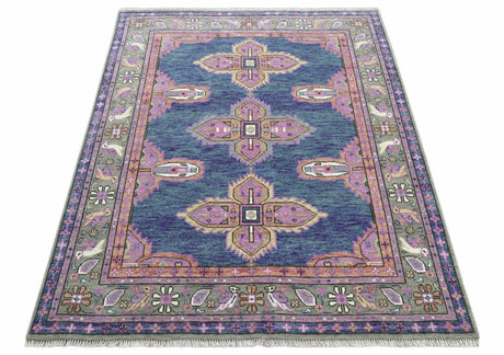 Ready to Ship 7x9 Pink And Blue Hand Knotted Wool Rug