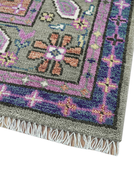 Ready to Ship 7x9 Pink And Blue Hand Knotted Wool Rug