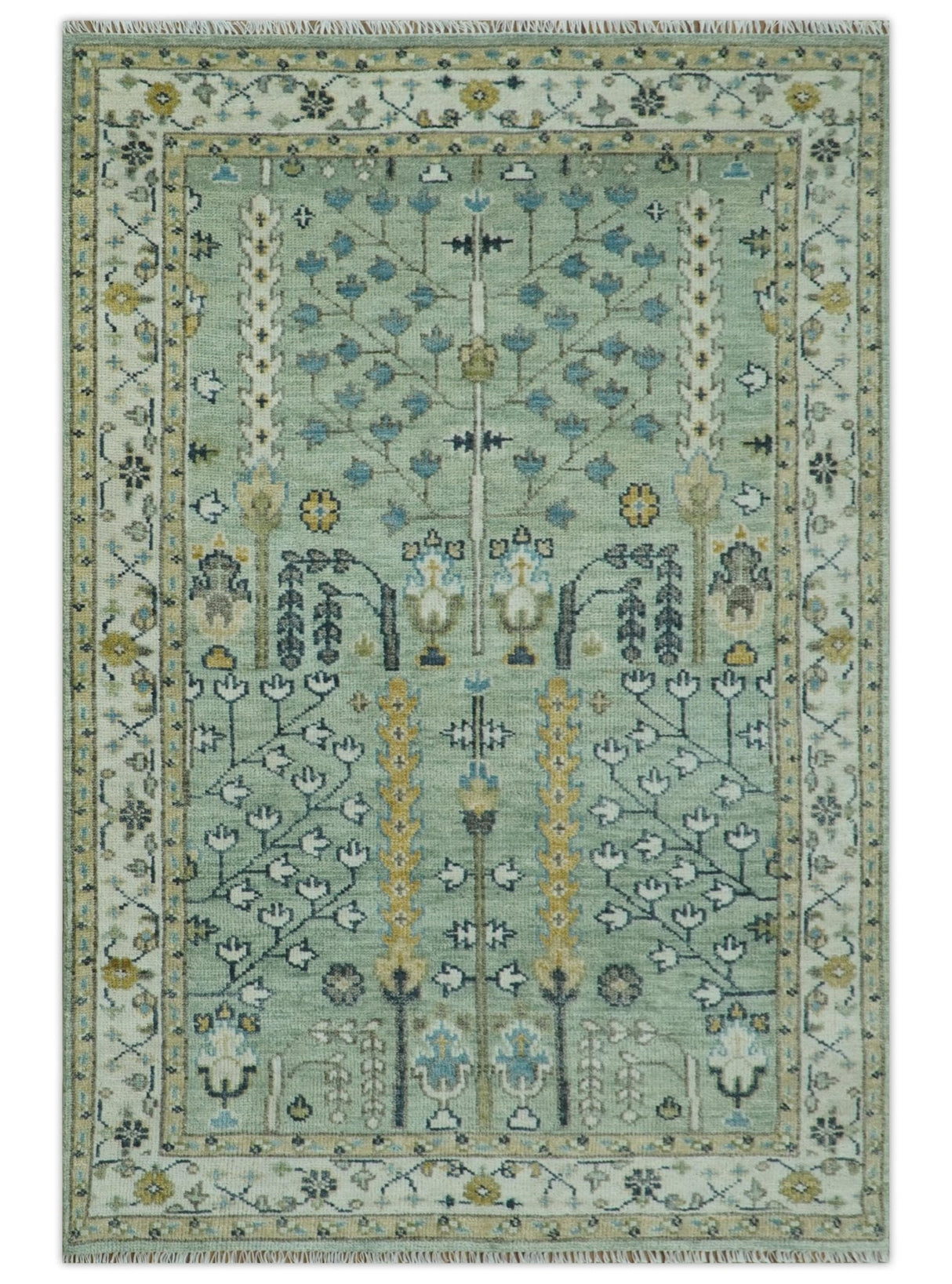 Ready to Ship Antique Moss Green and Ivory Hand Knotted Traditional Wool Area Rug