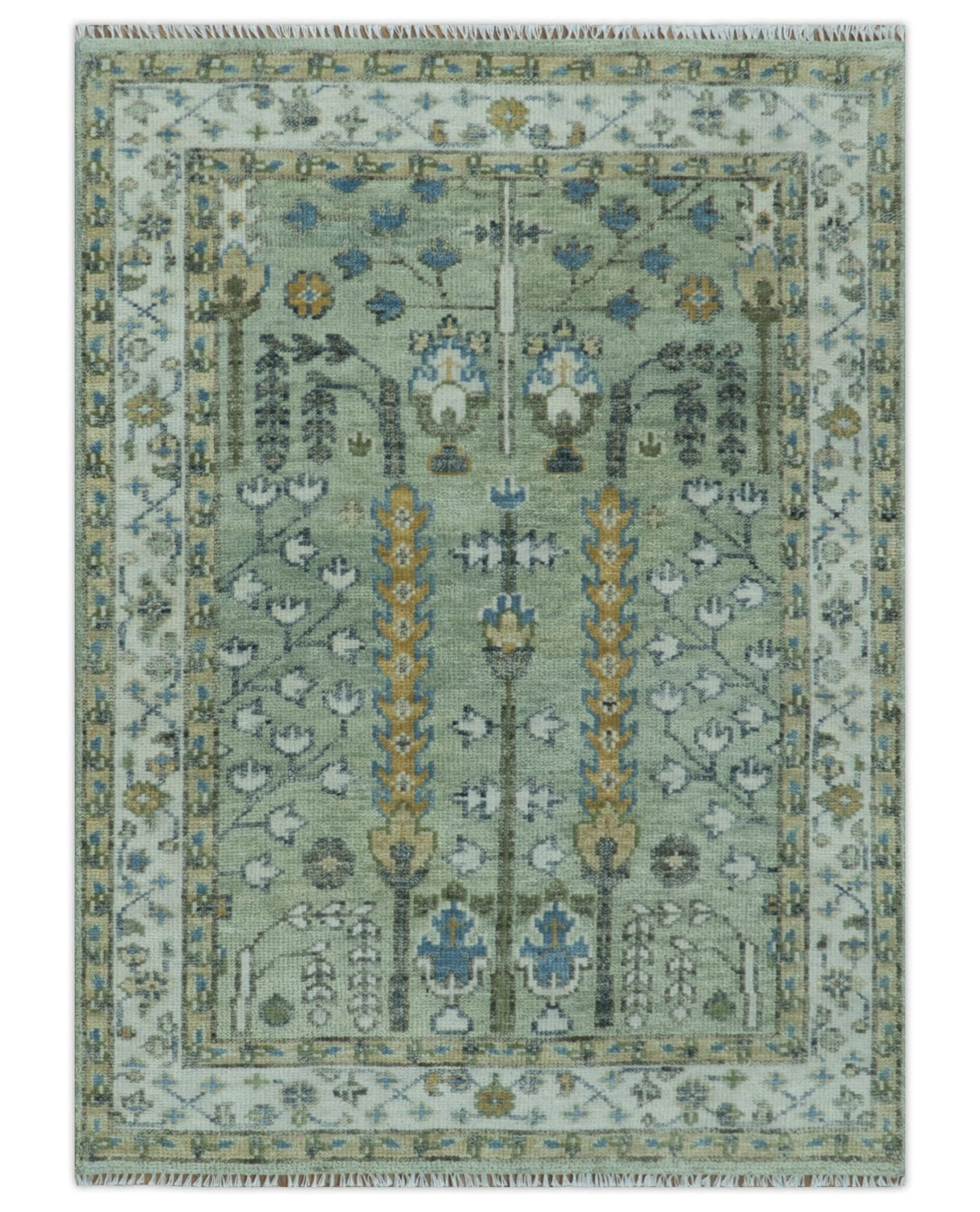 Ready to Ship Antique Moss Green and Ivory Hand Knotted Traditional Wool Area Rug