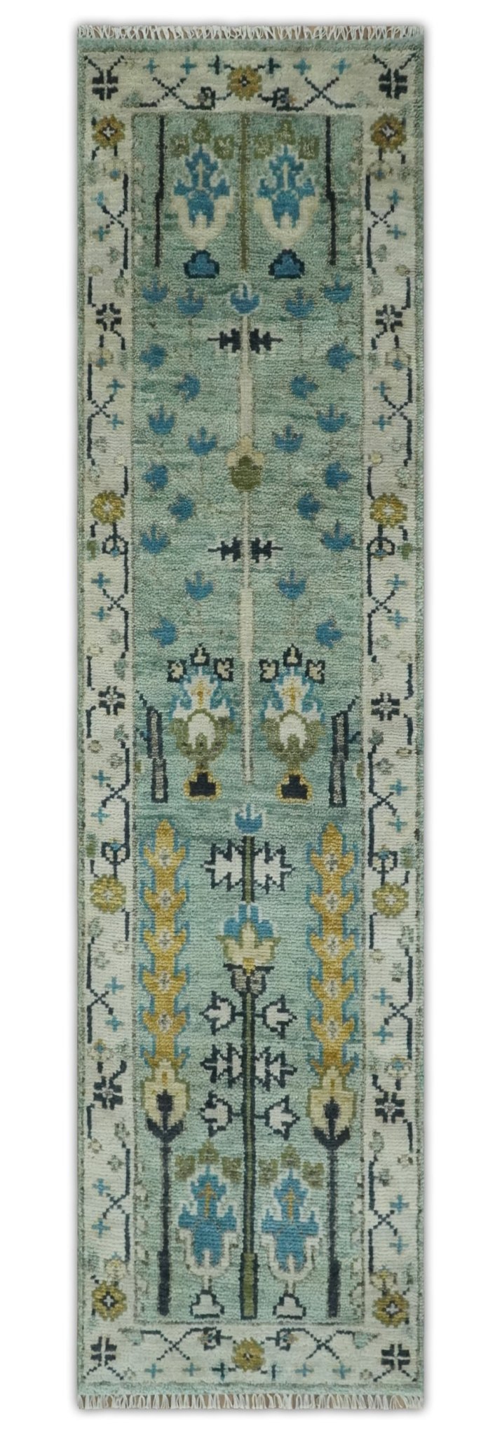 Ready to Ship Aqua and Ivory Tree of Design Hand Knotted Wool Area Rug