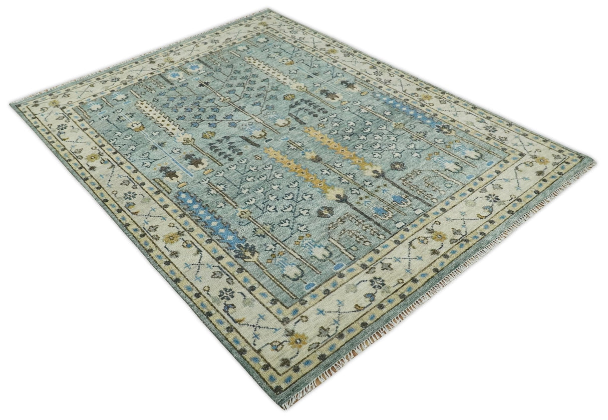 Ready to Ship Aqua and Ivory Tree of Design Hand Knotted Wool Area Rug