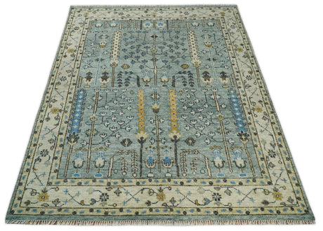 Ready to Ship Aqua and Ivory Tree of Design Hand Knotted Wool Area Rug