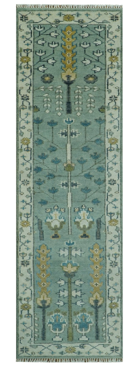 Ready to Ship Aqua and Ivory Tree of Design Hand Knotted Wool Area Rug