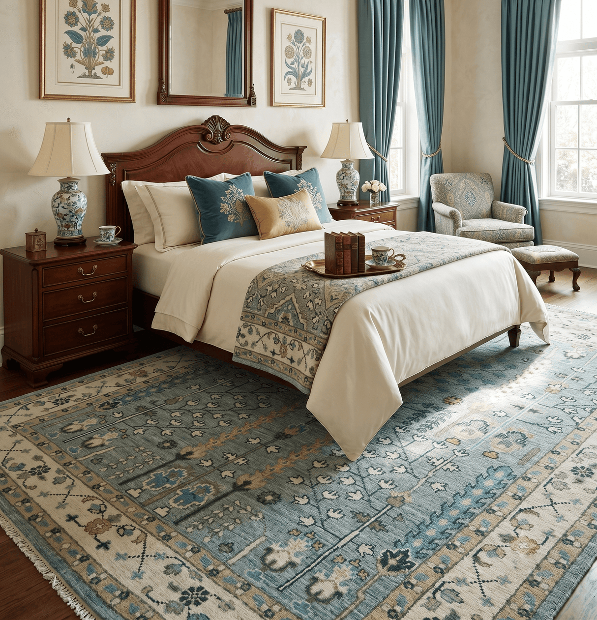 Ready to Ship Aqua and Ivory Tree of Design Hand Knotted Wool Area Rug