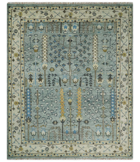 Ready to Ship Aqua and Ivory Tree of Design Hand Knotted Wool Area Rug