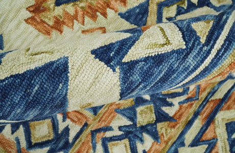 Ready To Ship Bohemian Southwestern Hand Tufted Blue, Gold and Beige Wool Rug